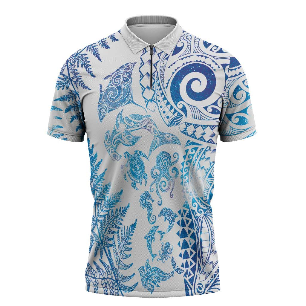 New Zealand Sea Animals Zipper Polo Shirt with Maori Koru Tribal Tattoo and Silver Ferns Galaxy Style LT03 Multicolor - Polynesian Pride