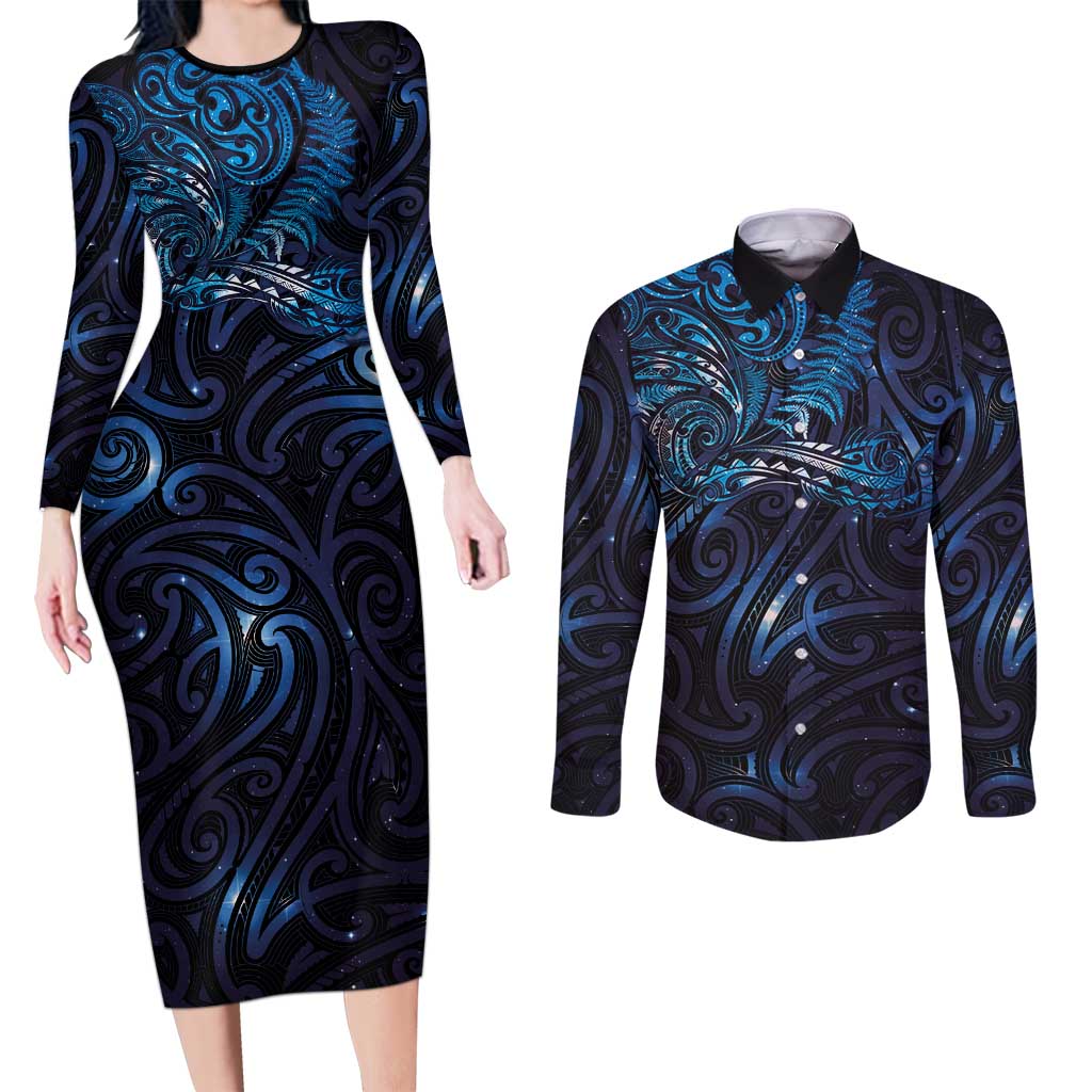 New Zealand New Year-Matariki Couples Matching Long Sleeve Bodycon Dress and Long Sleeve Button Shirt Aotearoa Maori Tattoo Galaxy Sky LT03 Multicolor - Polynesian Pride