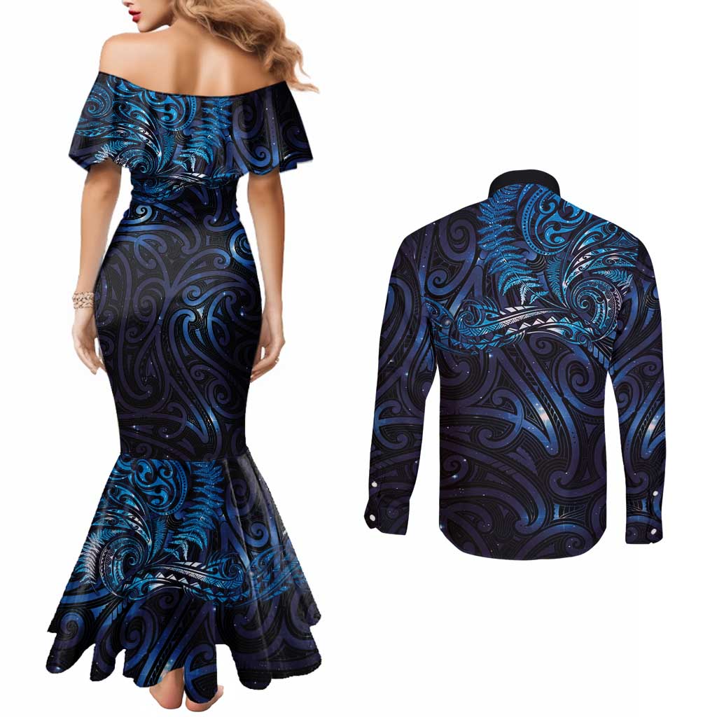 New Zealand New Year-Matariki Couples Matching Mermaid Dress and Long Sleeve Button Shirt Aotearoa Maori Tattoo Galaxy Sky LT03 - Polynesian Pride