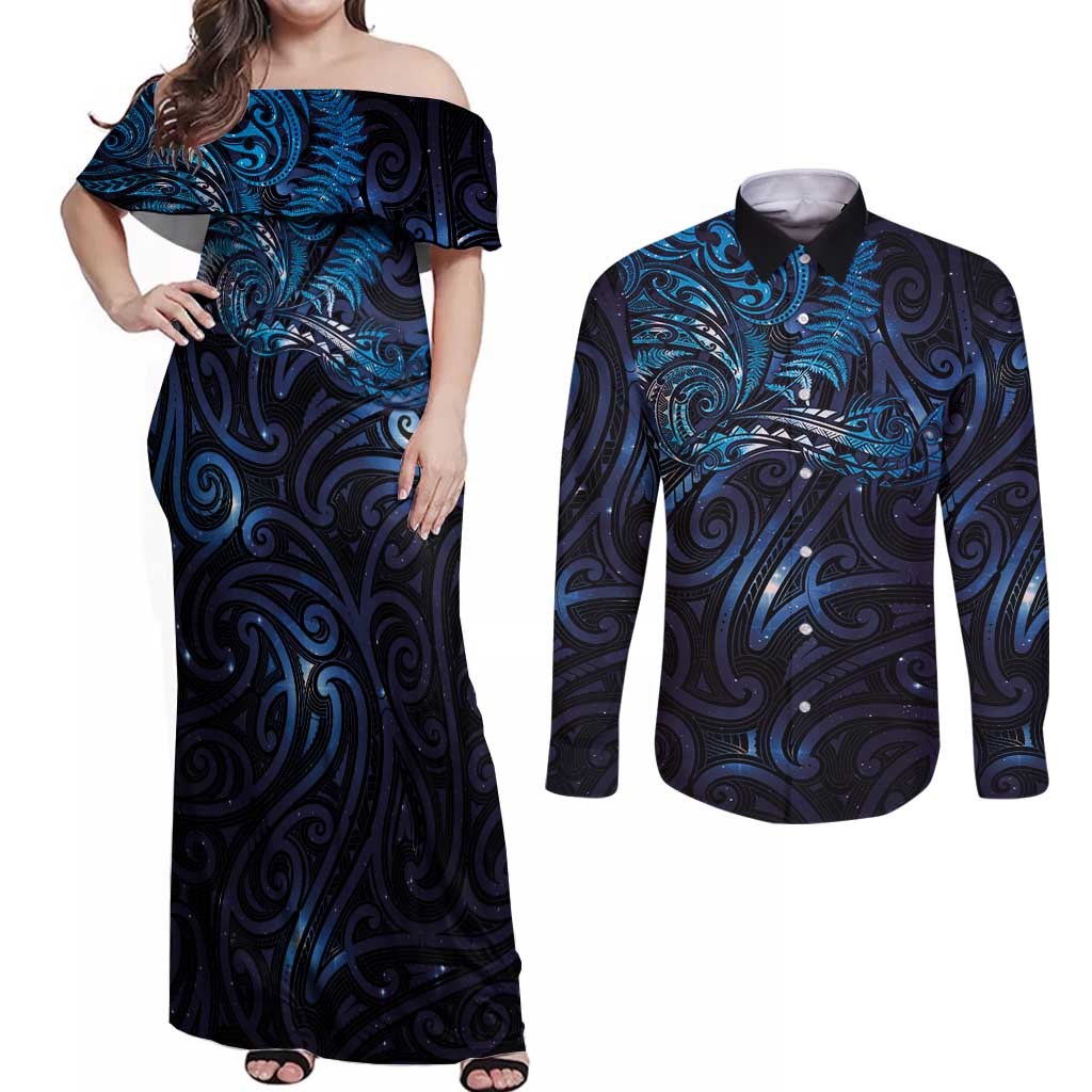 New Zealand New Year-Matariki Couples Matching Off Shoulder Maxi Dress and Long Sleeve Button Shirt Aotearoa Maori Tattoo Galaxy Sky LT03 Multicolor - Polynesian Pride