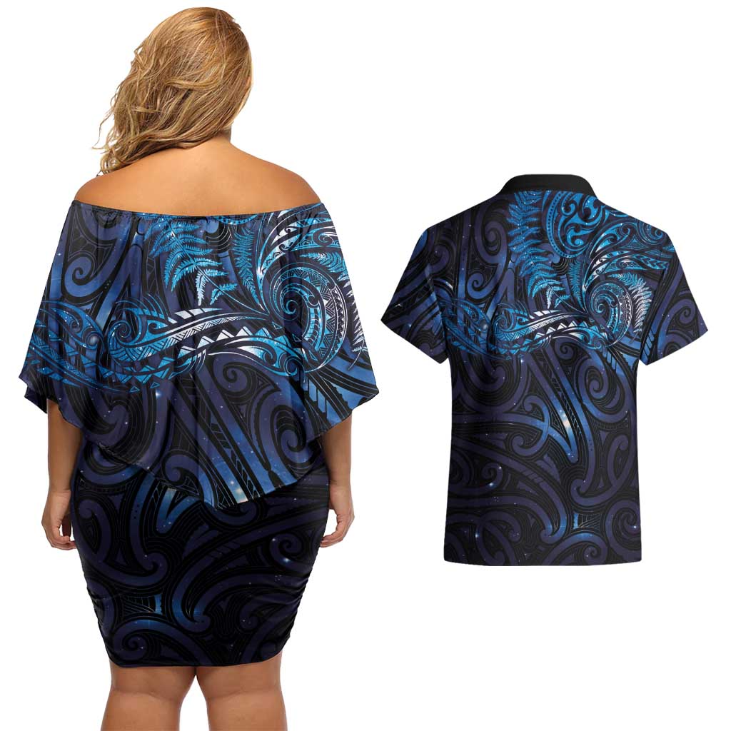 New Zealand New Year-Matariki Couples Matching Off Shoulder Short Dress and Hawaiian Shirt Aotearoa Maori Tattoo Galaxy Sky LT03 - Polynesian Pride
