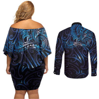 New Zealand New Year-Matariki Couples Matching Off Shoulder Short Dress and Long Sleeve Button Shirt Aotearoa Maori Tattoo Galaxy Sky LT03 - Polynesian Pride