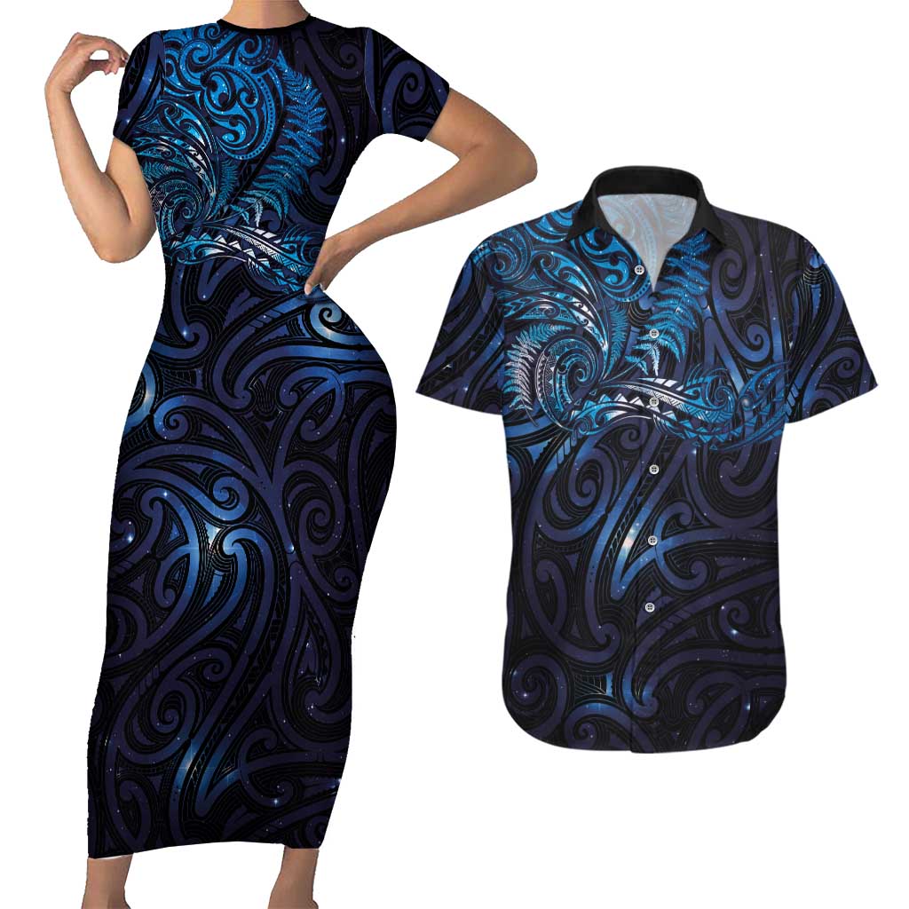 New Zealand New Year-Matariki Couples Matching Short Sleeve Bodycon Dress and Hawaiian Shirt Aotearoa Maori Tattoo Galaxy Sky LT03 Multicolor - Polynesian Pride