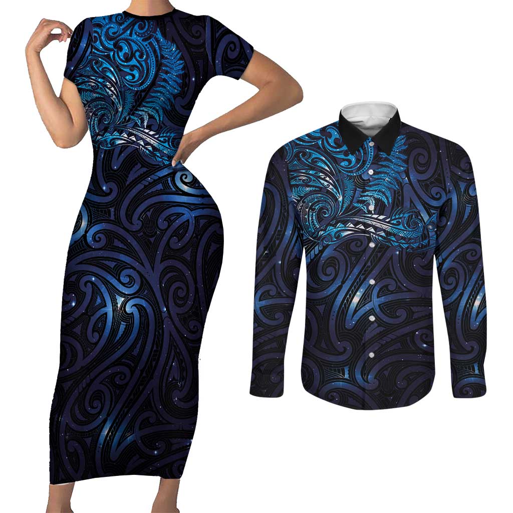 New Zealand New Year-Matariki Couples Matching Short Sleeve Bodycon Dress and Long Sleeve Button Shirt Aotearoa Maori Tattoo Galaxy Sky LT03 Multicolor - Polynesian Pride