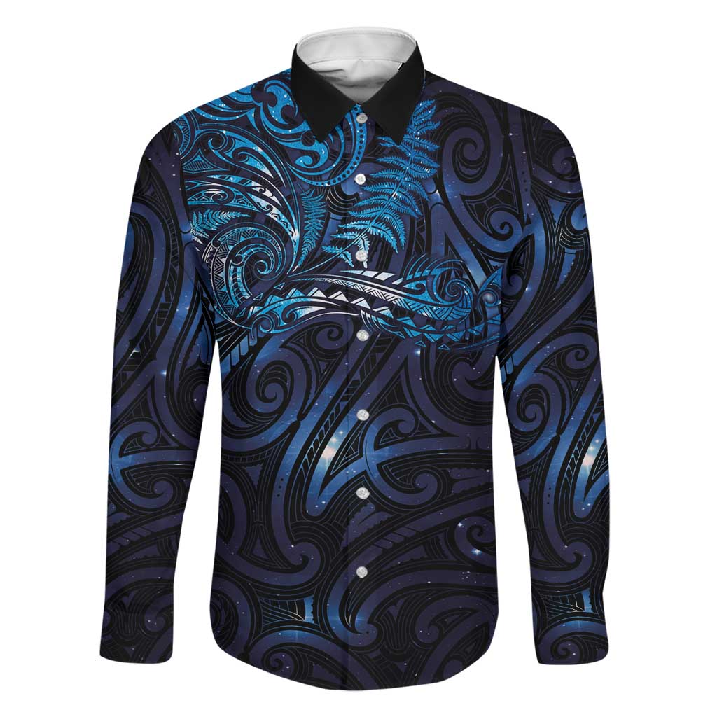 New Zealand New Year-Matariki Family Matching Off Shoulder Maxi Dress and Hawaiian Shirt Aotearoa Maori Tattoo Galaxy Sky LT03 Dad's Shirt - Long Sleeve Multicolor - Polynesian Pride