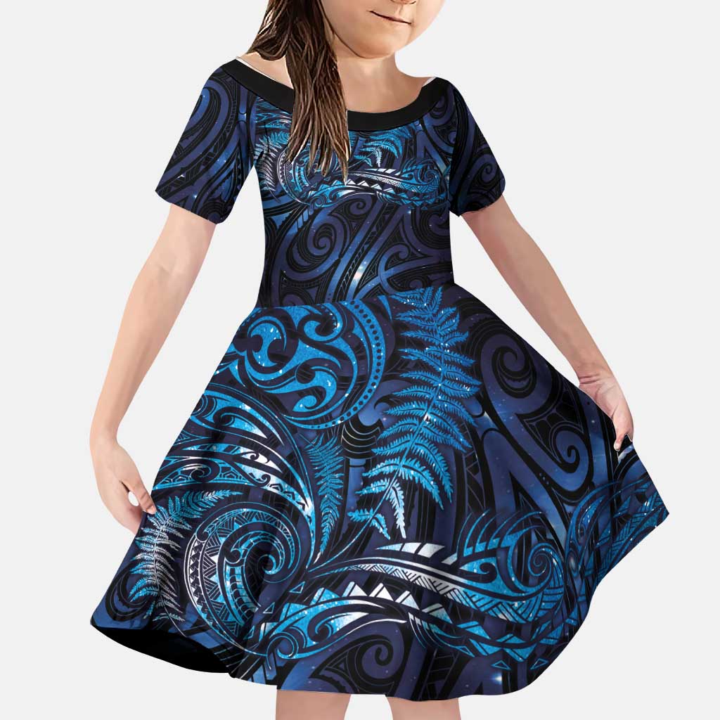 New Zealand New Year-Matariki Family Matching Puletasi and Hawaiian Shirt Aotearoa Maori Tattoo Galaxy Sky LT03 Daughter's Dress Multicolor - Polynesian Pride