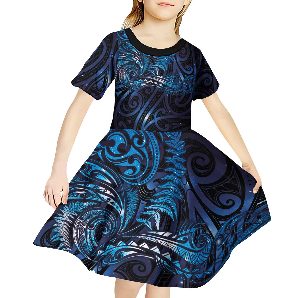 New Zealand New Year-Matariki Kid Short Sleeve Dress Aotearoa Maori Tattoo Galaxy Sky LT03 - Polynesian Pride