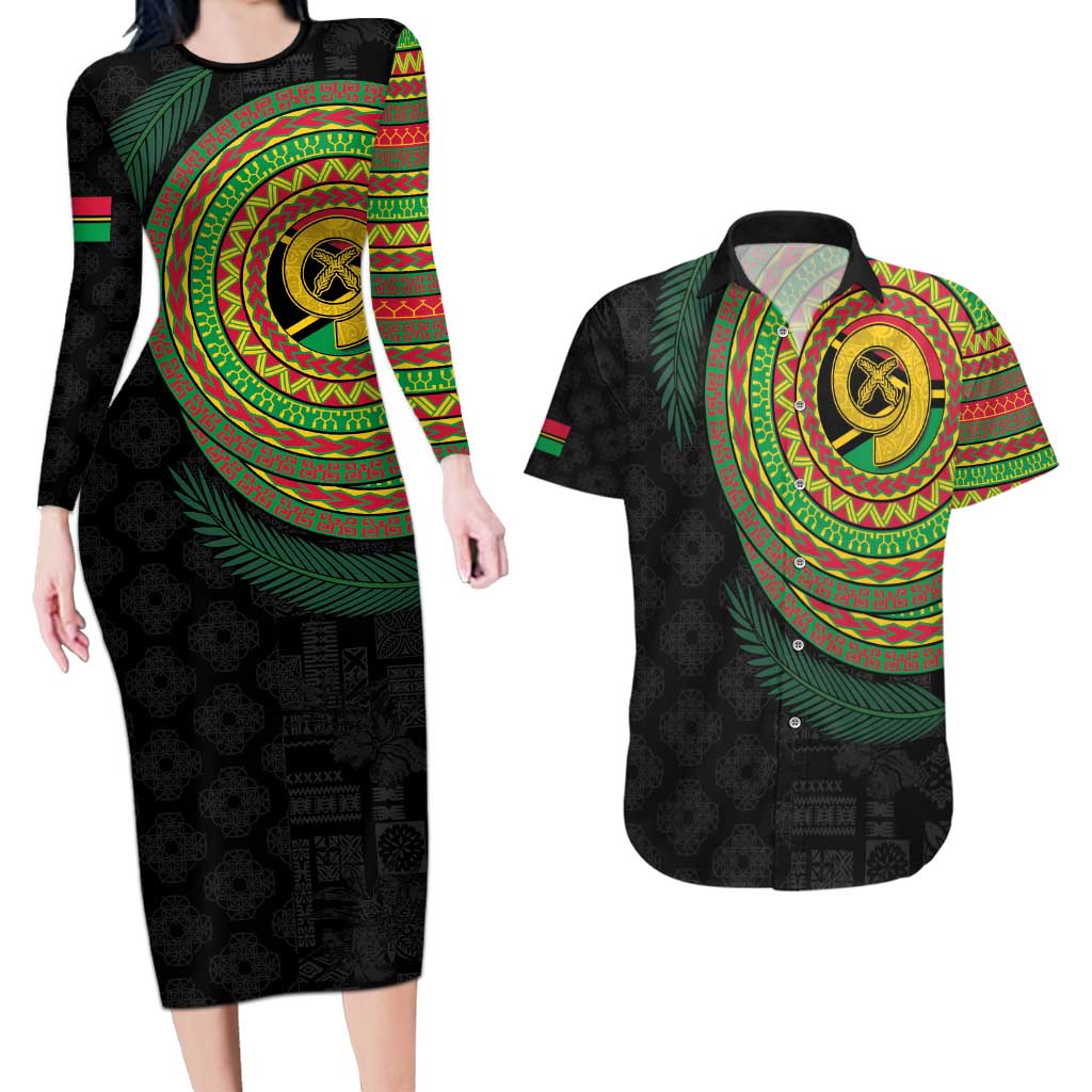 Vanuatu Tribal Tattoo with Namele Leaves Couples Matching Long Sleeve Bodycon Dress and Hawaiian Shirt LT03 Black - Polynesian Pride