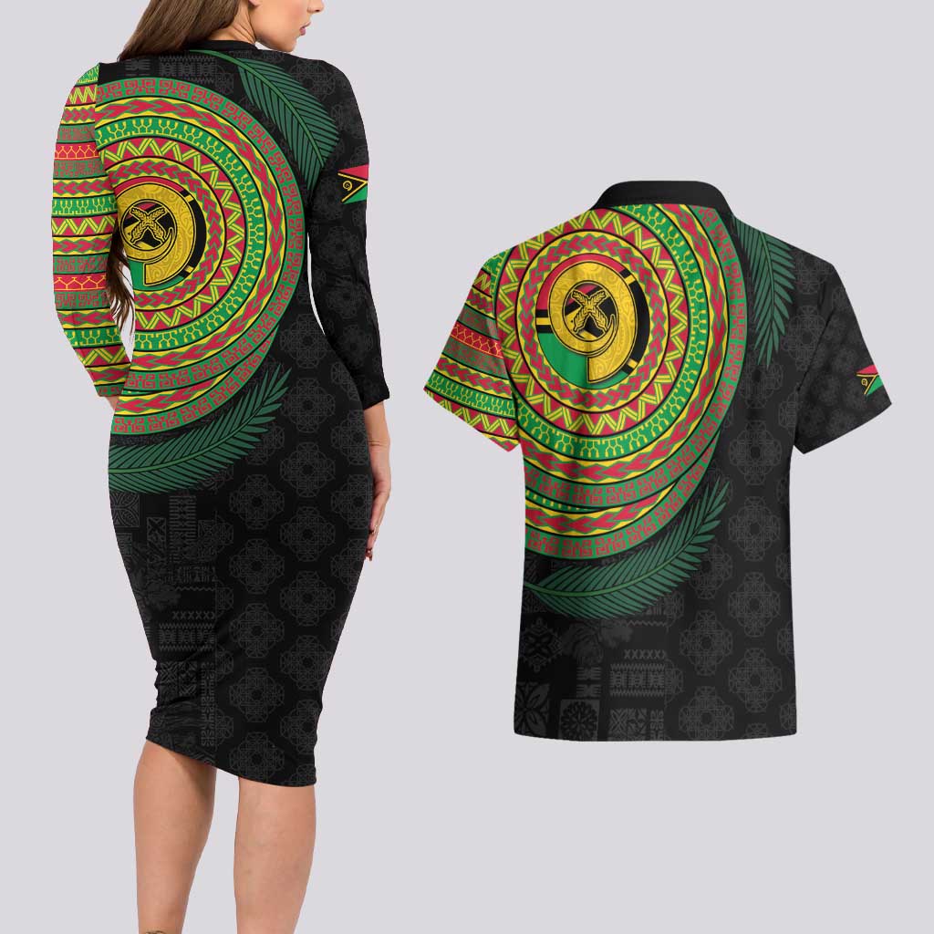 Vanuatu Tribal Tattoo with Namele Leaves Couples Matching Long Sleeve Bodycon Dress and Hawaiian Shirt LT03 - Polynesian Pride