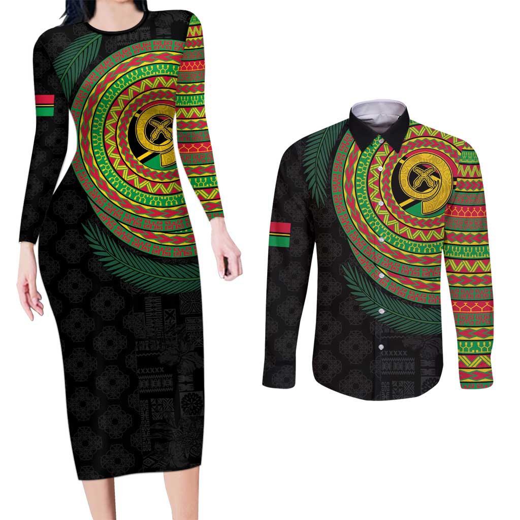 Vanuatu Tribal Tattoo with Namele Leaves Couples Matching Long Sleeve Bodycon Dress and Long Sleeve Button Shirt LT03 Black - Polynesian Pride