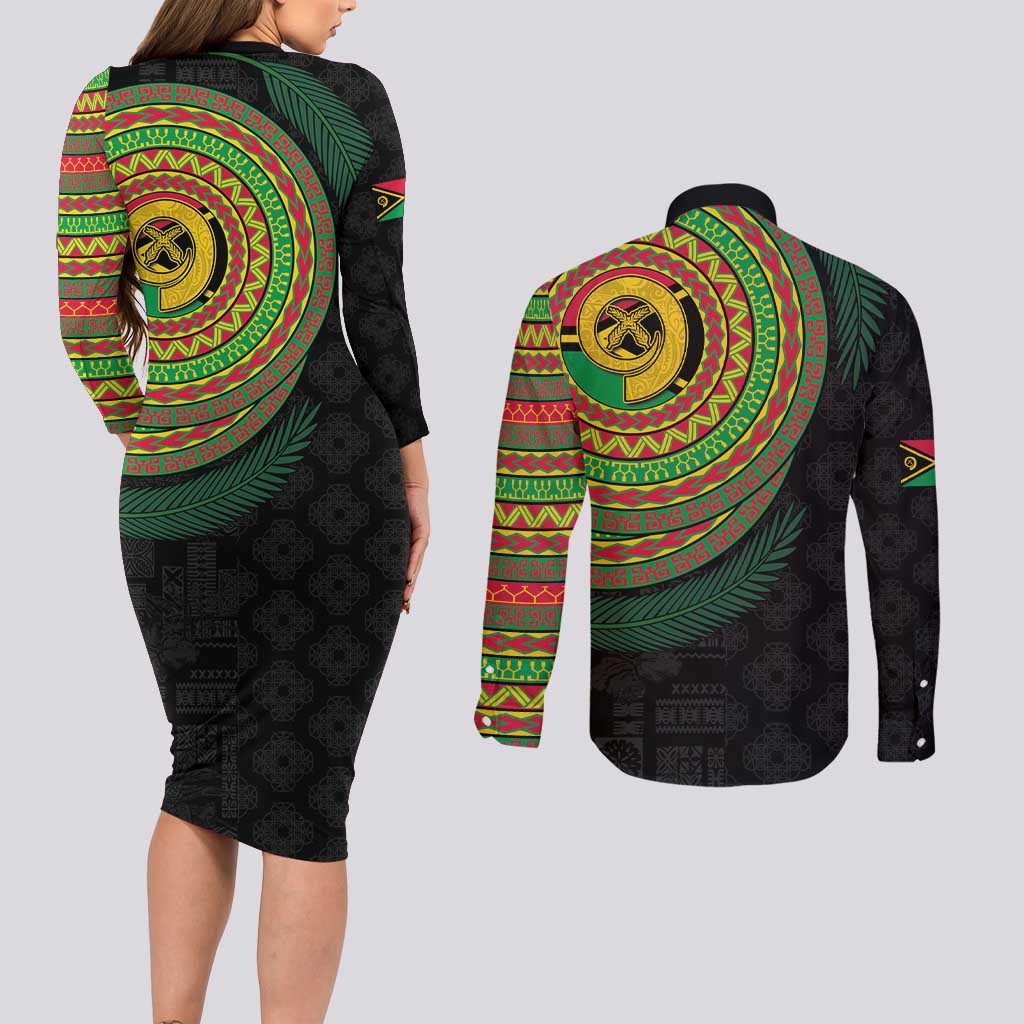 Vanuatu Tribal Tattoo with Namele Leaves Couples Matching Long Sleeve Bodycon Dress and Long Sleeve Button Shirt LT03 - Polynesian Pride