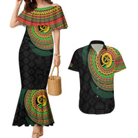 Vanuatu Tribal Tattoo with Namele Leaves Couples Matching Mermaid Dress and Hawaiian Shirt LT03 Black - Polynesian Pride
