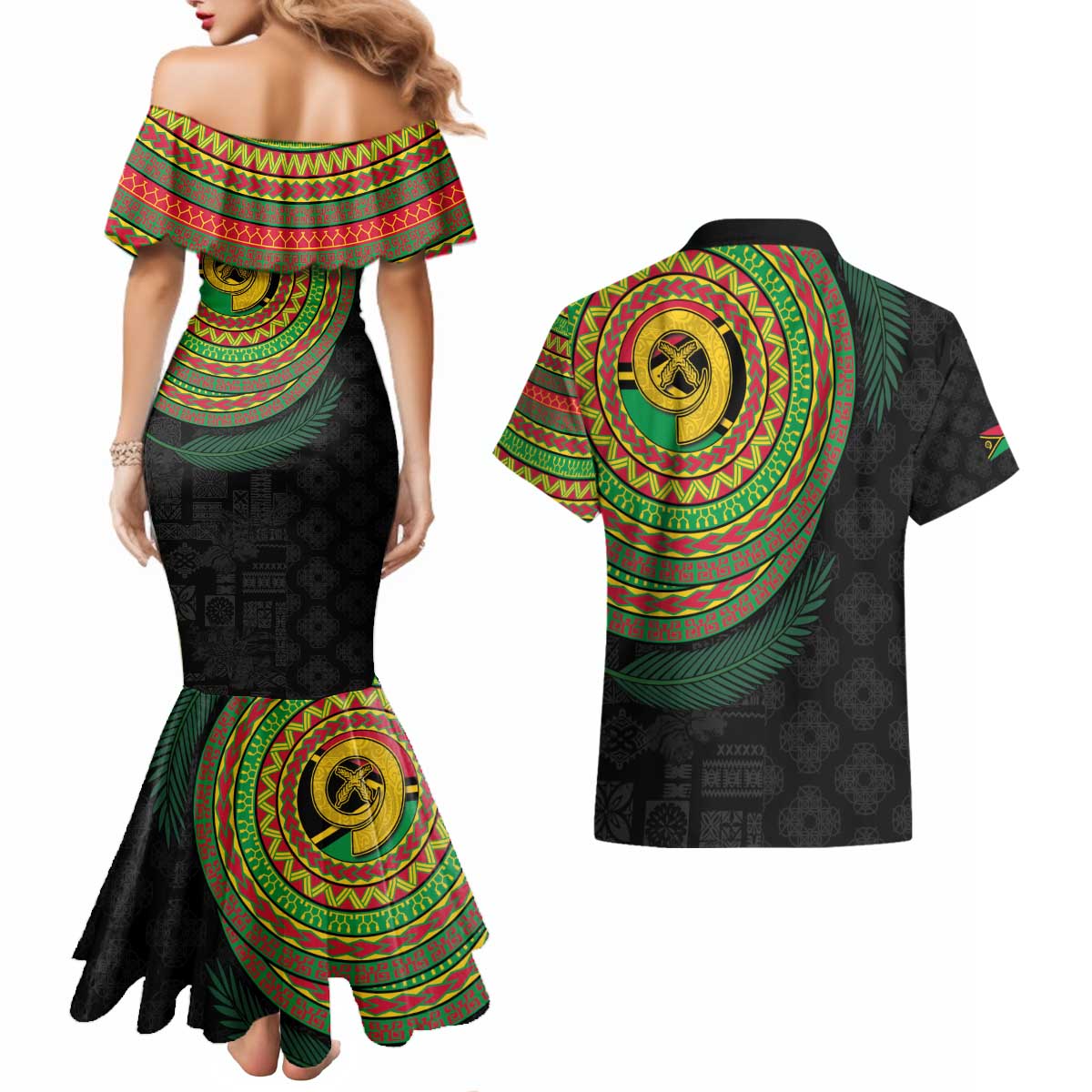 Vanuatu Tribal Tattoo with Namele Leaves Couples Matching Mermaid Dress and Hawaiian Shirt LT03 - Polynesian Pride