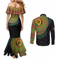 Vanuatu Tribal Tattoo with Namele Leaves Couples Matching Mermaid Dress and Long Sleeve Button Shirt LT03 - Polynesian Pride