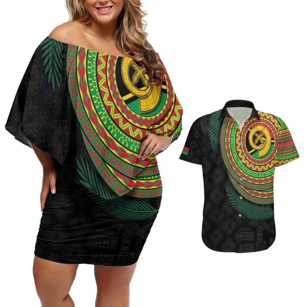 Vanuatu Tribal Tattoo with Namele Leaves Couples Matching Off Shoulder Short Dress and Hawaiian Shirt LT03 Black - Polynesian Pride