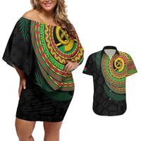 Vanuatu Tribal Tattoo with Namele Leaves Couples Matching Off Shoulder Short Dress and Hawaiian Shirt LT03 Black - Polynesian Pride