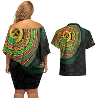Vanuatu Tribal Tattoo with Namele Leaves Couples Matching Off Shoulder Short Dress and Hawaiian Shirt LT03 - Polynesian Pride