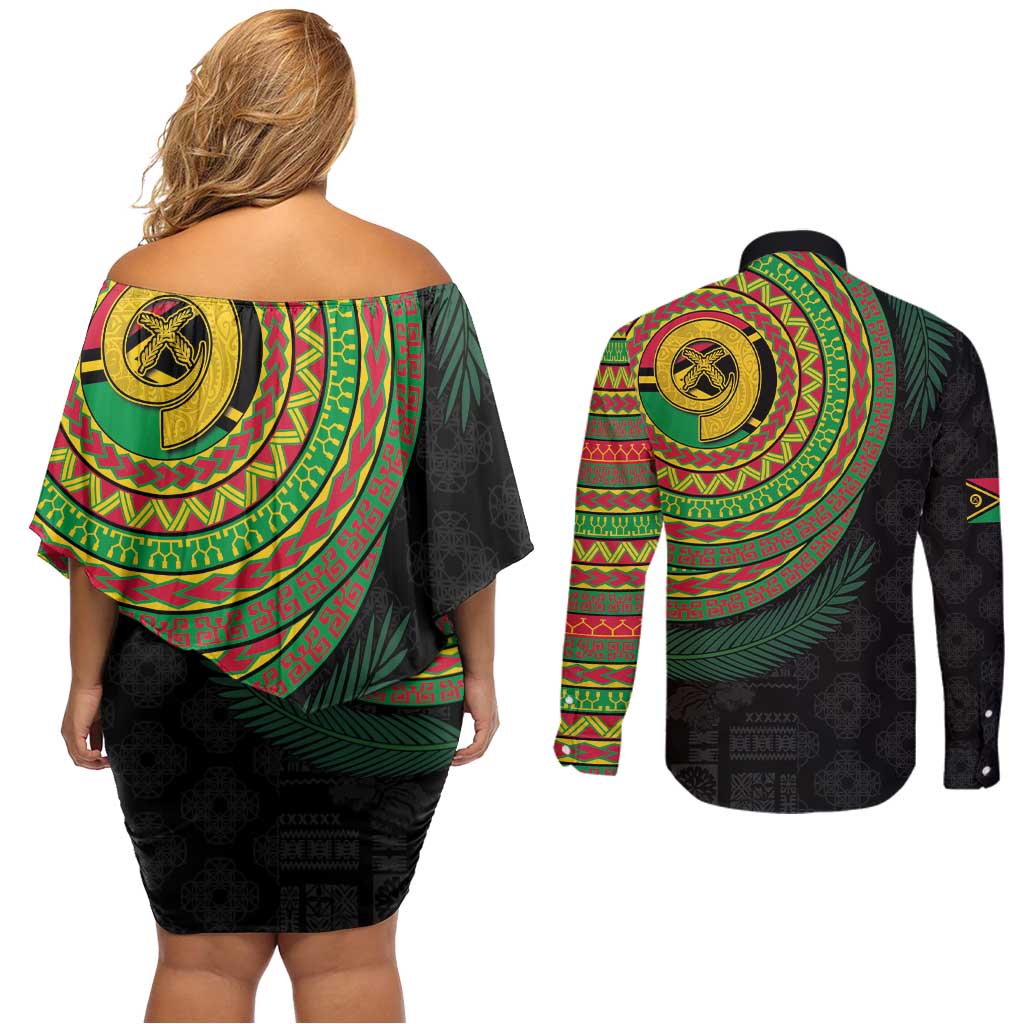 Vanuatu Tribal Tattoo with Namele Leaves Couples Matching Off Shoulder Short Dress and Long Sleeve Button Shirt LT03 - Polynesian Pride