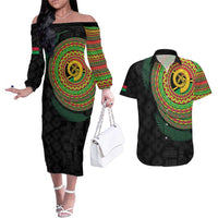 Vanuatu Tribal Tattoo with Namele Leaves Couples Matching Off The Shoulder Long Sleeve Dress and Hawaiian Shirt LT03 Black - Polynesian Pride