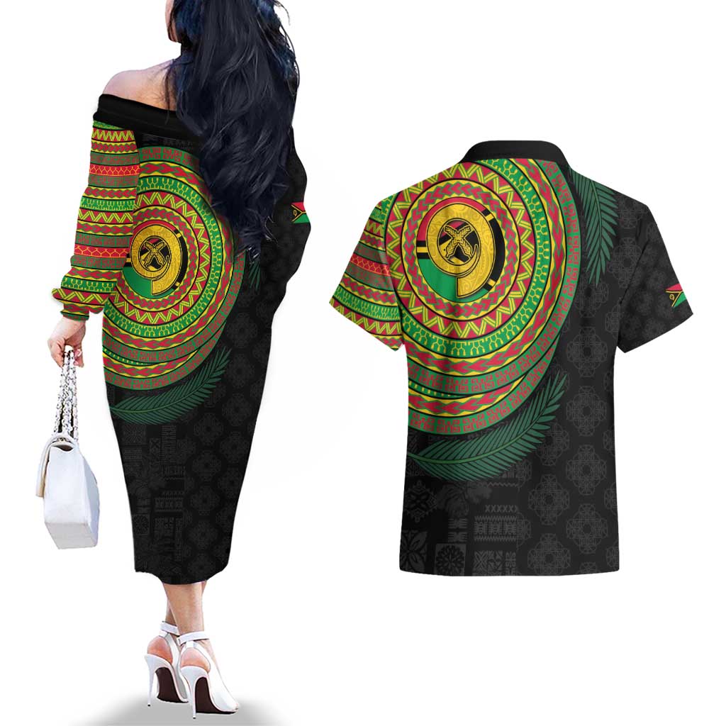 Vanuatu Tribal Tattoo with Namele Leaves Couples Matching Off The Shoulder Long Sleeve Dress and Hawaiian Shirt LT03 - Polynesian Pride
