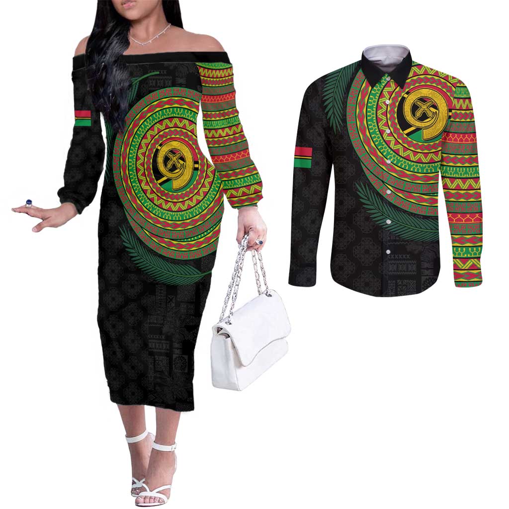 Vanuatu Tribal Tattoo with Namele Leaves Couples Matching Off The Shoulder Long Sleeve Dress and Long Sleeve Button Shirt LT03 Black - Polynesian Pride