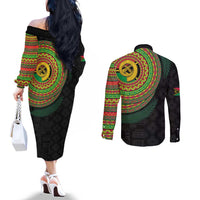 Vanuatu Tribal Tattoo with Namele Leaves Couples Matching Off The Shoulder Long Sleeve Dress and Long Sleeve Button Shirt LT03 - Polynesian Pride
