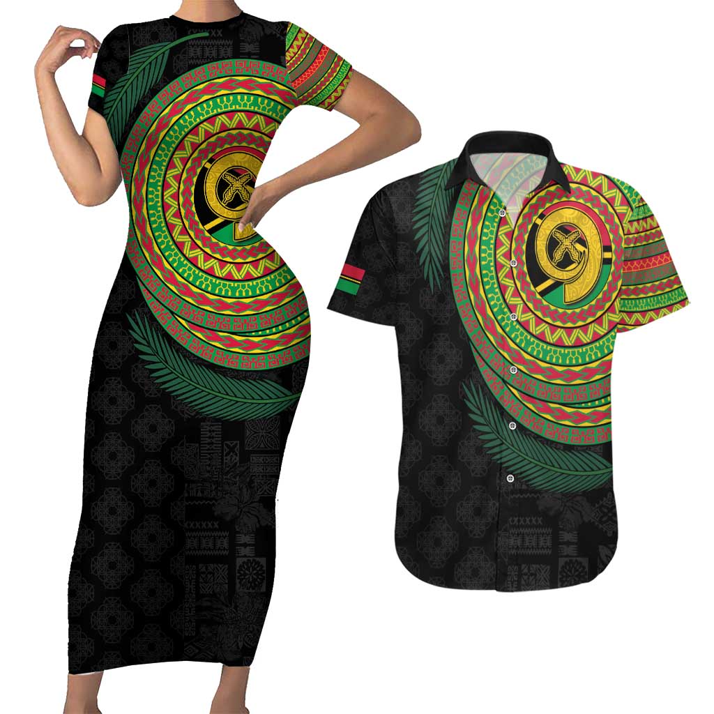 Vanuatu Tribal Tattoo with Namele Leaves Couples Matching Short Sleeve Bodycon Dress and Hawaiian Shirt LT03 Black - Polynesian Pride