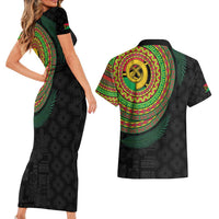 Vanuatu Tribal Tattoo with Namele Leaves Couples Matching Short Sleeve Bodycon Dress and Hawaiian Shirt LT03 - Polynesian Pride