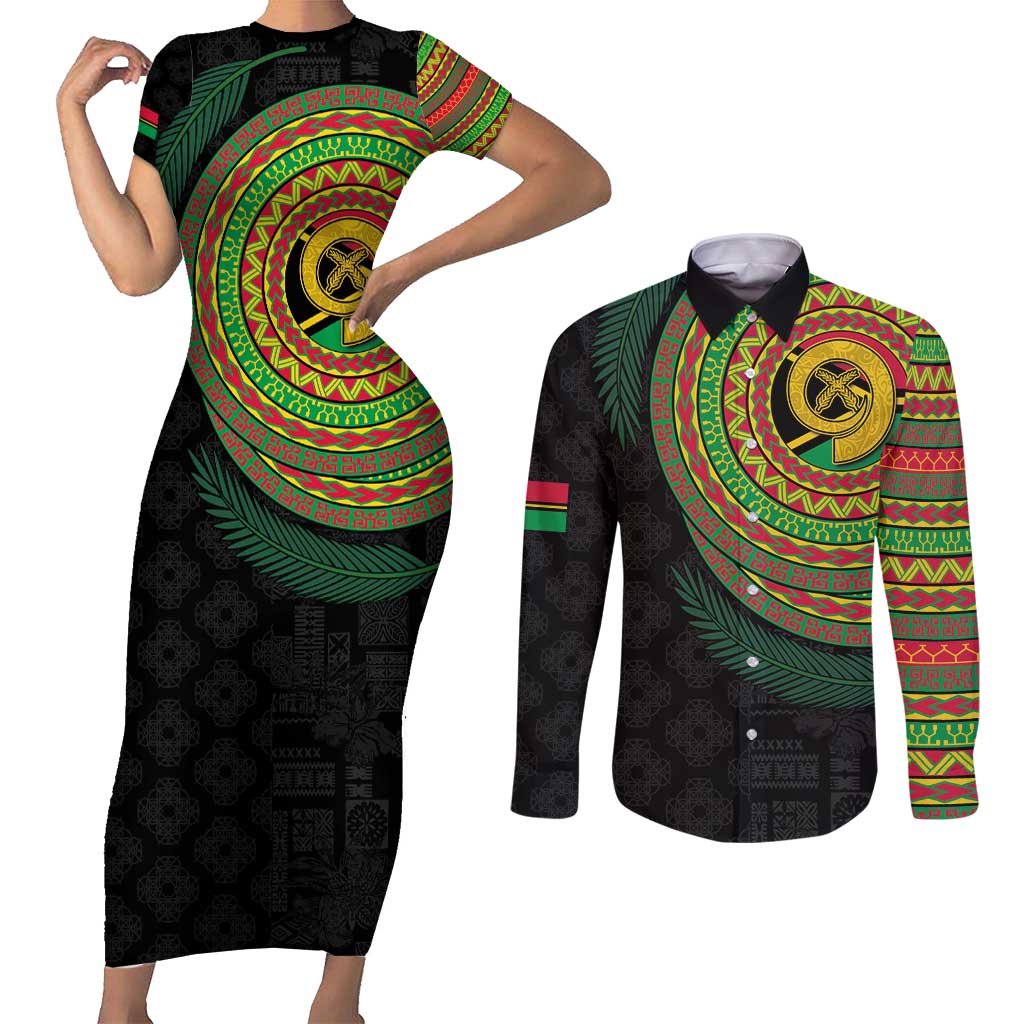 Vanuatu Tribal Tattoo with Namele Leaves Couples Matching Short Sleeve Bodycon Dress and Long Sleeve Button Shirt LT03 Black - Polynesian Pride