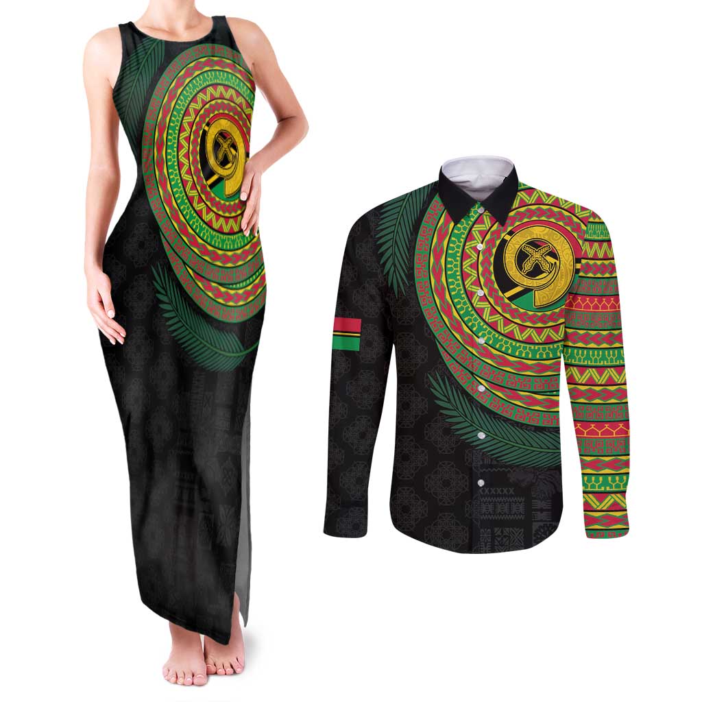 Vanuatu Tribal Tattoo with Namele Leaves Couples Matching Tank Maxi Dress and Long Sleeve Button Shirt LT03 Black - Polynesian Pride