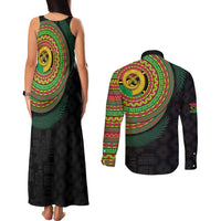 Vanuatu Tribal Tattoo with Namele Leaves Couples Matching Tank Maxi Dress and Long Sleeve Button Shirt LT03 - Polynesian Pride