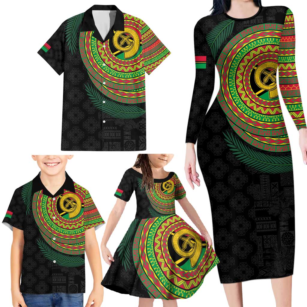 Vanuatu Tribal Tattoo with Namele Leaves Family Matching Long Sleeve Bodycon Dress and Hawaiian Shirt LT03 - Polynesian Pride