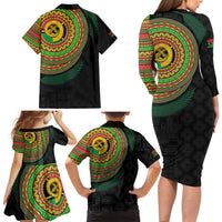 Vanuatu Tribal Tattoo with Namele Leaves Family Matching Long Sleeve Bodycon Dress and Hawaiian Shirt LT03 - Polynesian Pride