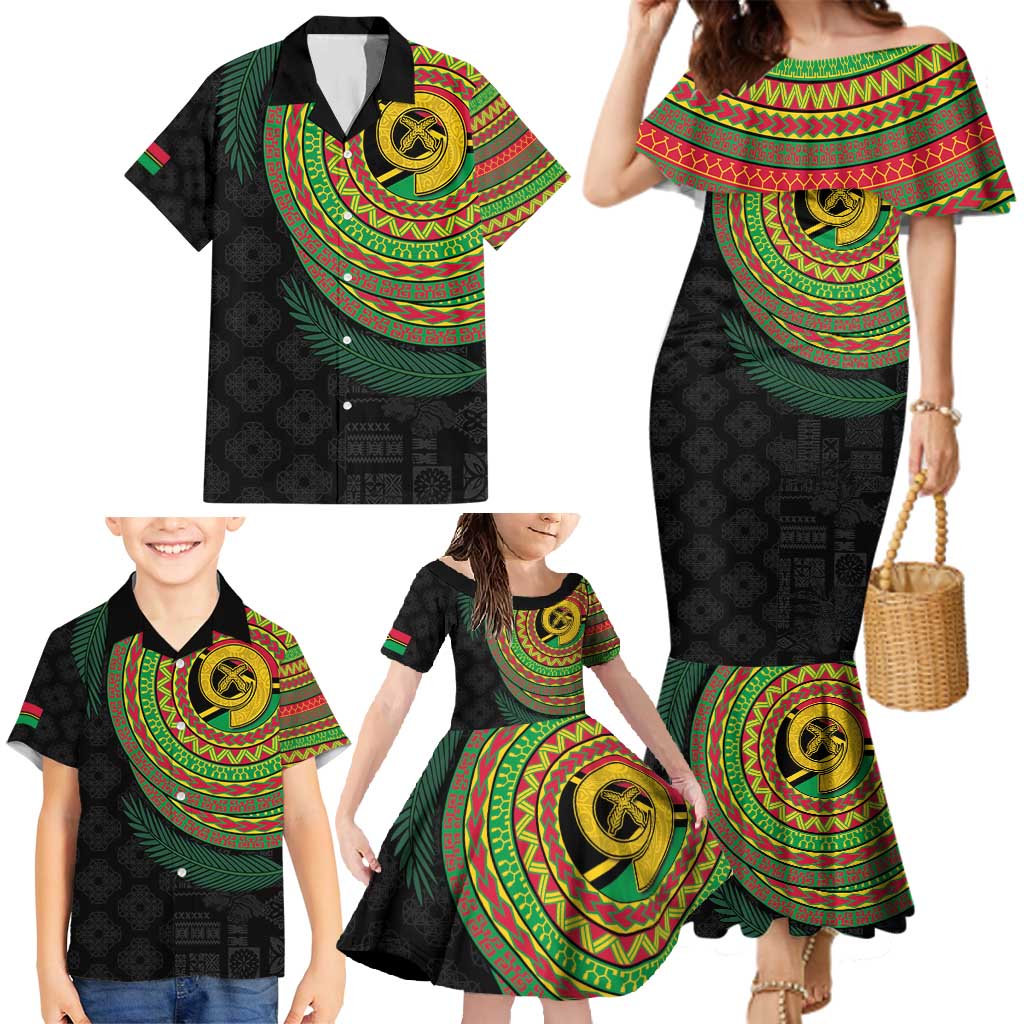 Vanuatu Tribal Tattoo with Namele Leaves Family Matching Mermaid Dress and Hawaiian Shirt LT03 - Polynesian Pride