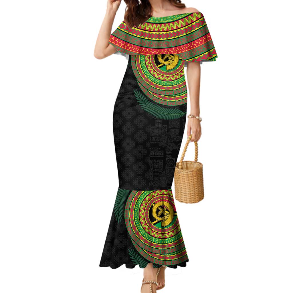 Vanuatu Tribal Tattoo with Namele Leaves Family Matching Mermaid Dress and Hawaiian Shirt LT03 Mom's Dress Black - Polynesian Pride