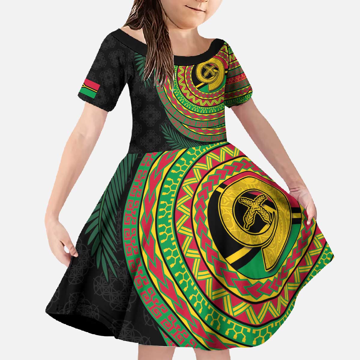 Vanuatu Tribal Tattoo with Namele Leaves Family Matching Off The Shoulder Long Sleeve Dress and Hawaiian Shirt LT03 Daughter's Dress Black - Polynesian Pride
