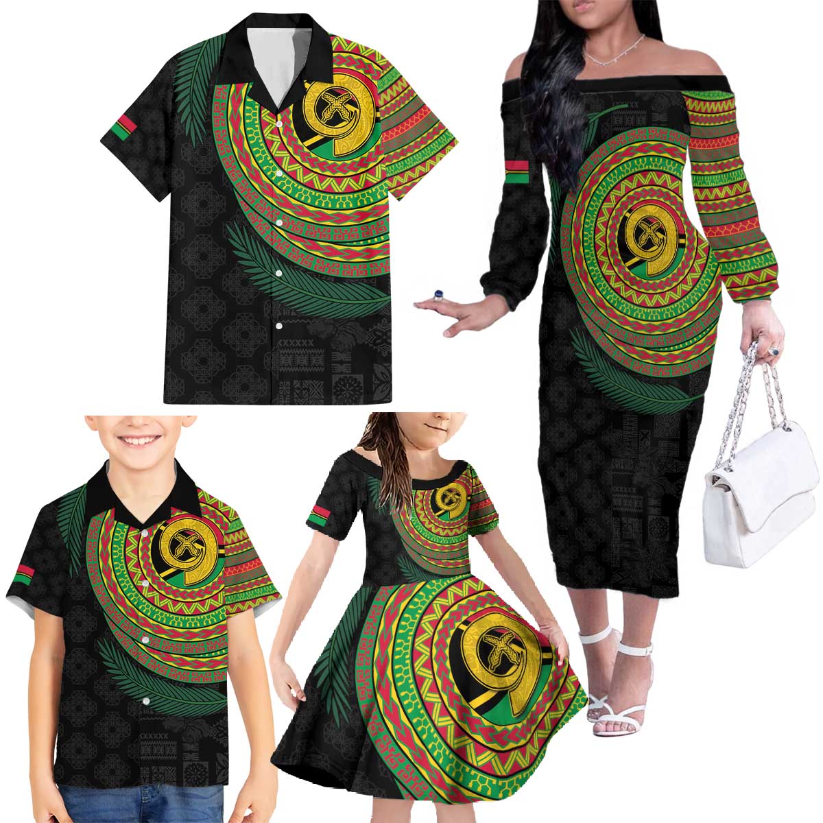 Vanuatu Tribal Tattoo with Namele Leaves Family Matching Off The Shoulder Long Sleeve Dress and Hawaiian Shirt LT03 - Polynesian Pride
