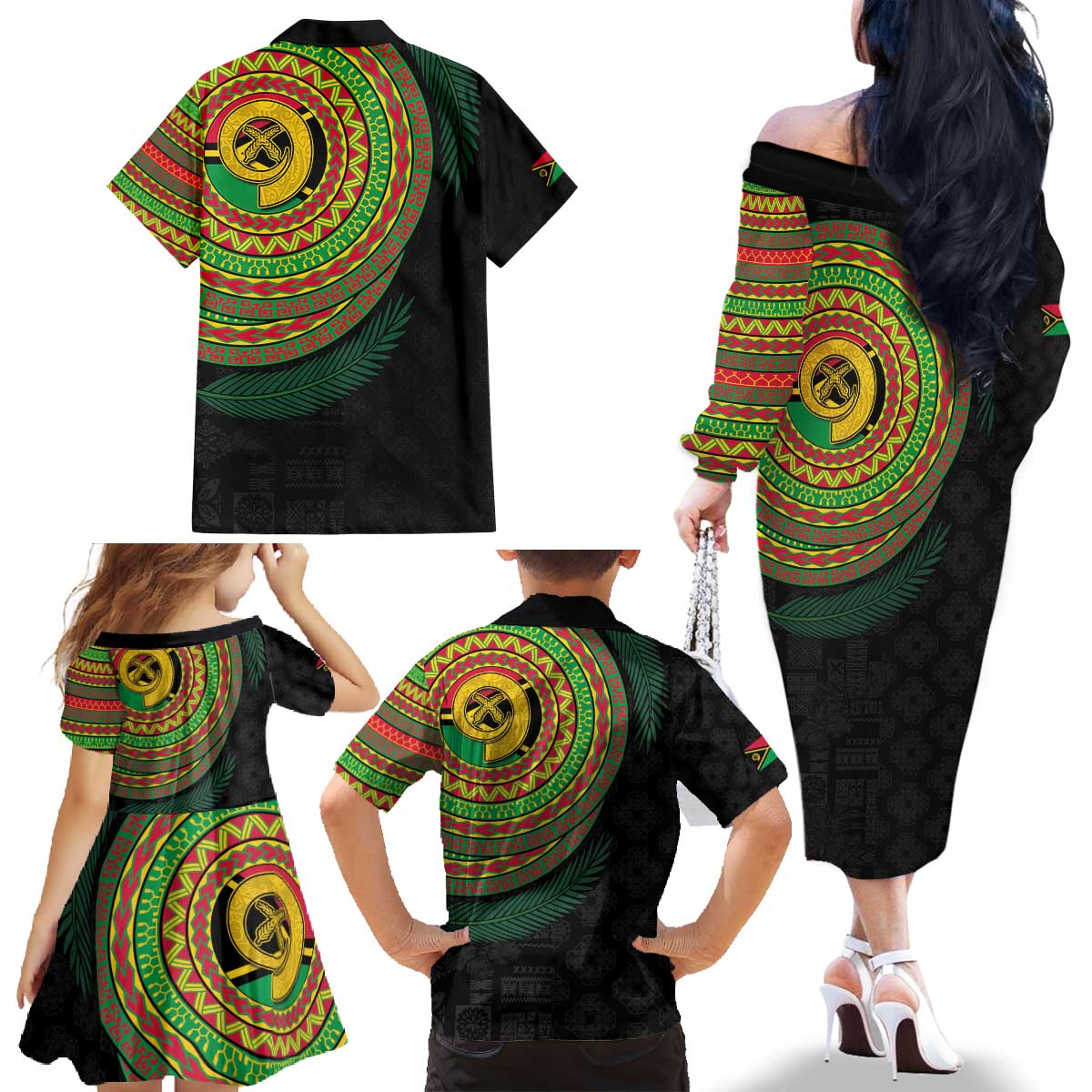Vanuatu Tribal Tattoo with Namele Leaves Family Matching Off The Shoulder Long Sleeve Dress and Hawaiian Shirt LT03 - Polynesian Pride