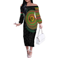 Vanuatu Tribal Tattoo with Namele Leaves Family Matching Off The Shoulder Long Sleeve Dress and Hawaiian Shirt LT03 Mom's Dress Black - Polynesian Pride
