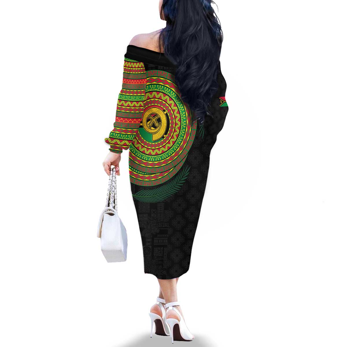Vanuatu Tribal Tattoo with Namele Leaves Family Matching Off The Shoulder Long Sleeve Dress and Hawaiian Shirt LT03 - Polynesian Pride