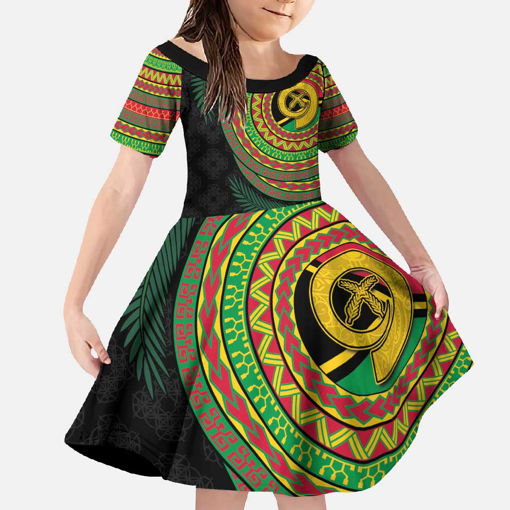 Vanuatu Tribal Tattoo with Namele Leaves Family Matching Off Shoulder Maxi Dress and Hawaiian Shirt LT03 Daughter's Dress Black - Polynesian Pride