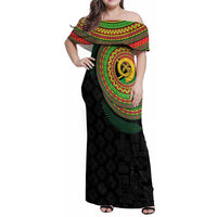 Vanuatu Tribal Tattoo with Namele Leaves Family Matching Off Shoulder Maxi Dress and Hawaiian Shirt LT03 Mom's Dress Black - Polynesian Pride