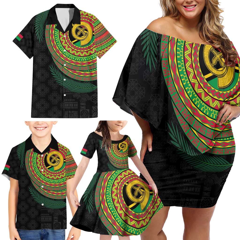 Vanuatu Tribal Tattoo with Namele Leaves Family Matching Off Shoulder Short Dress and Hawaiian Shirt LT03 - Polynesian Pride