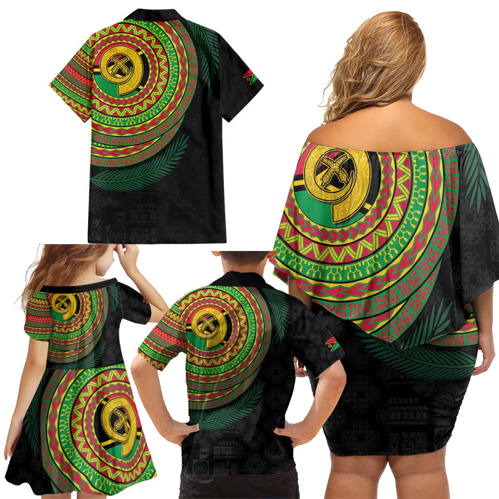 Vanuatu Tribal Tattoo with Namele Leaves Family Matching Off Shoulder Short Dress and Hawaiian Shirt LT03 - Polynesian Pride