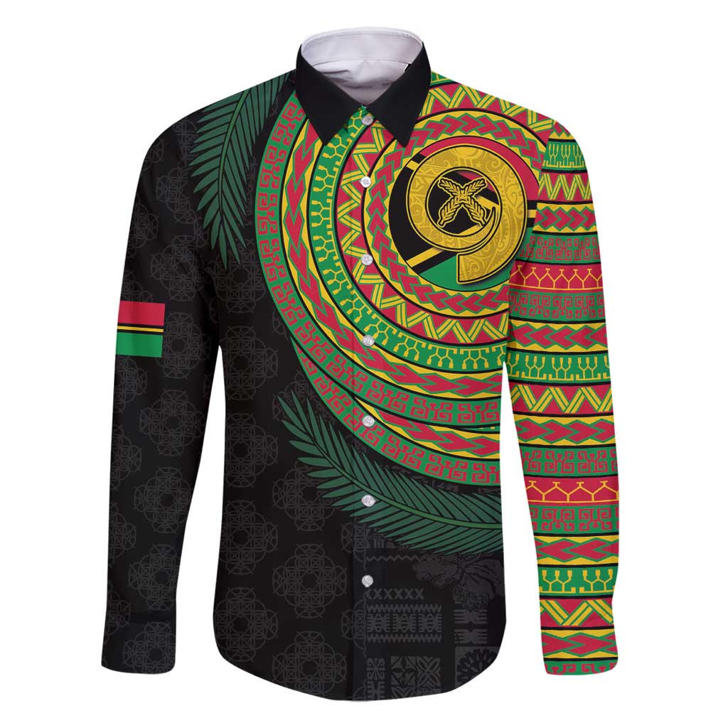 Vanuatu Tribal Tattoo with Namele Leaves Family Matching Off Shoulder Short Dress and Hawaiian Shirt LT03 Dad's Shirt - Long Sleeve Black - Polynesian Pride