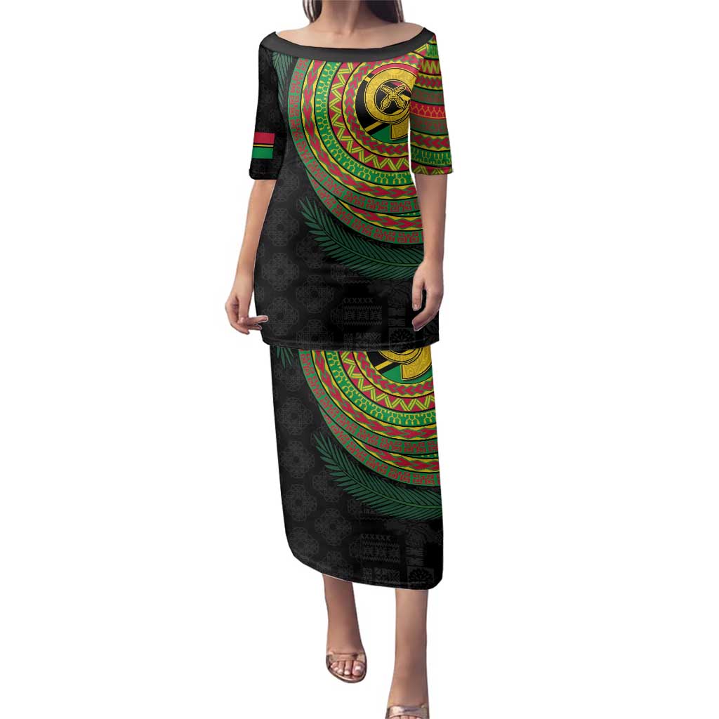 Vanuatu Tribal Tattoo with Namele Leaves Family Matching Puletasi and Hawaiian Shirt LT03 Mom's Dress Black - Polynesian Pride