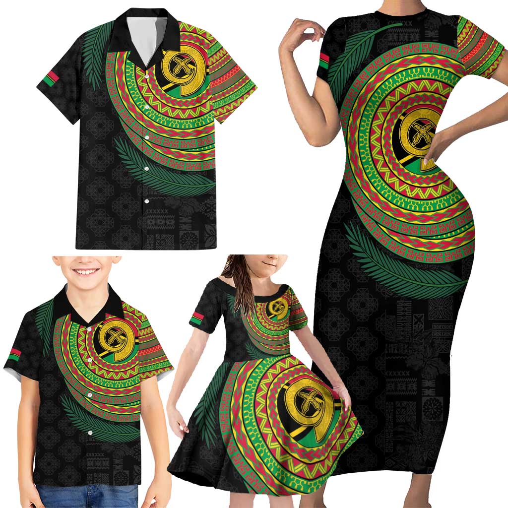 Vanuatu Tribal Tattoo with Namele Leaves Family Matching Short Sleeve Bodycon Dress and Hawaiian Shirt LT03 - Polynesian Pride