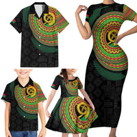 Vanuatu Tribal Tattoo with Namele Leaves Family Matching Short Sleeve Bodycon Dress and Hawaiian Shirt LT03 - Polynesian Pride