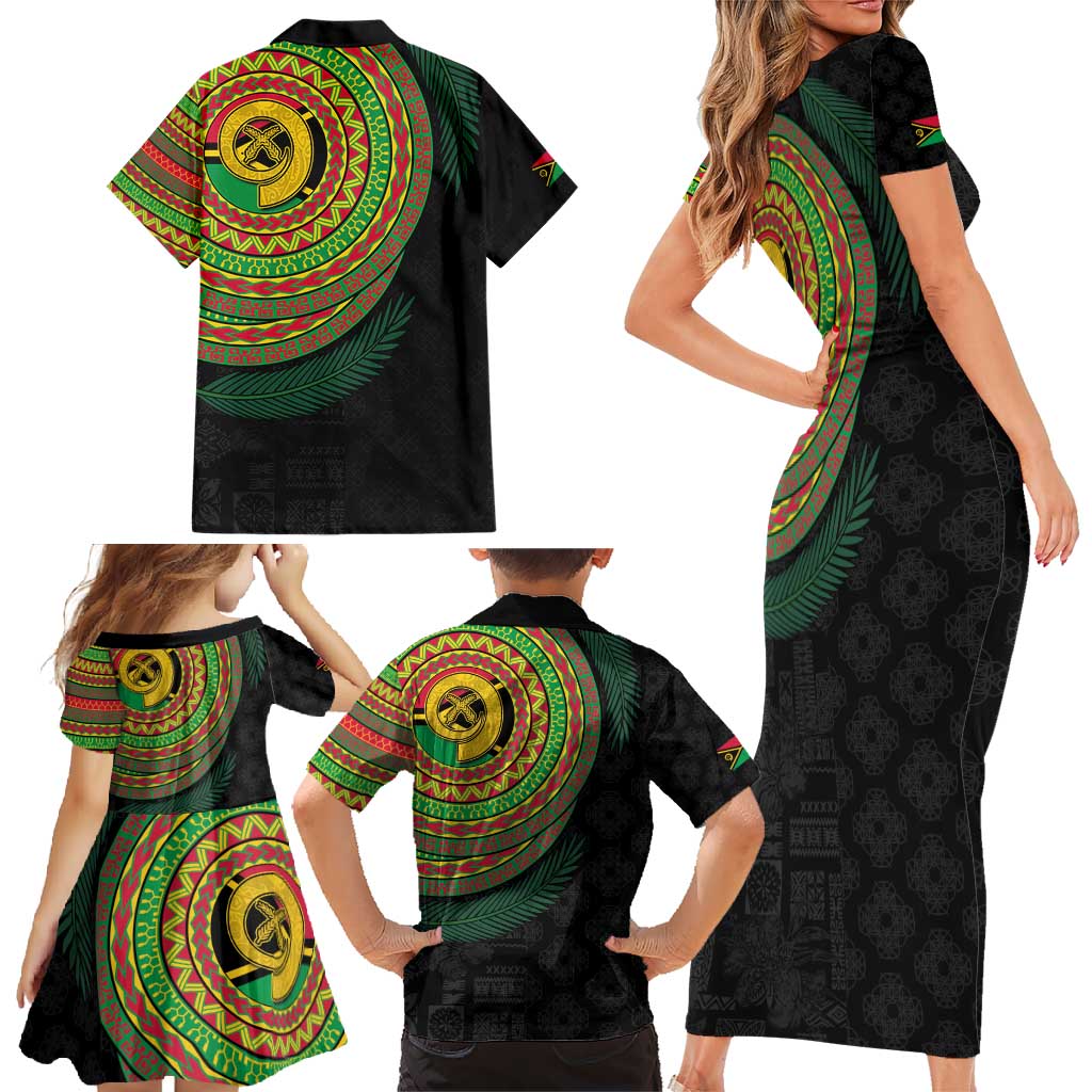 Vanuatu Tribal Tattoo with Namele Leaves Family Matching Short Sleeve Bodycon Dress and Hawaiian Shirt LT03 - Polynesian Pride