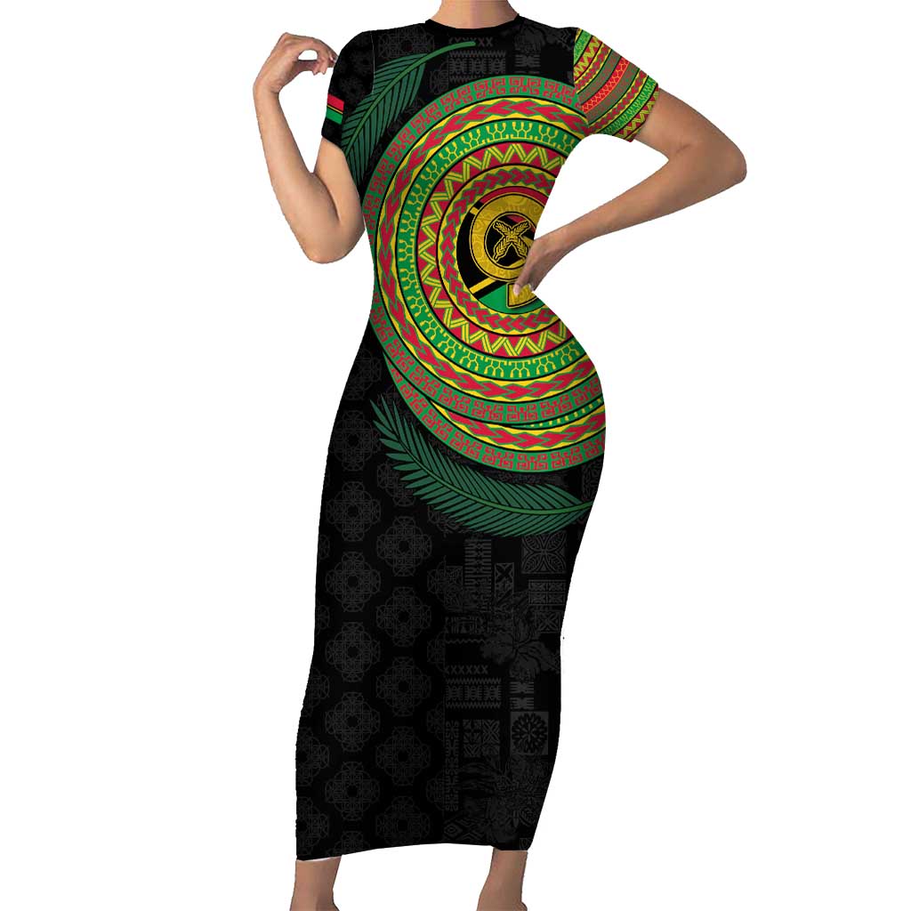 Vanuatu Tribal Tattoo with Namele Leaves Family Matching Short Sleeve Bodycon Dress and Hawaiian Shirt LT03 Mom's Dress Black - Polynesian Pride